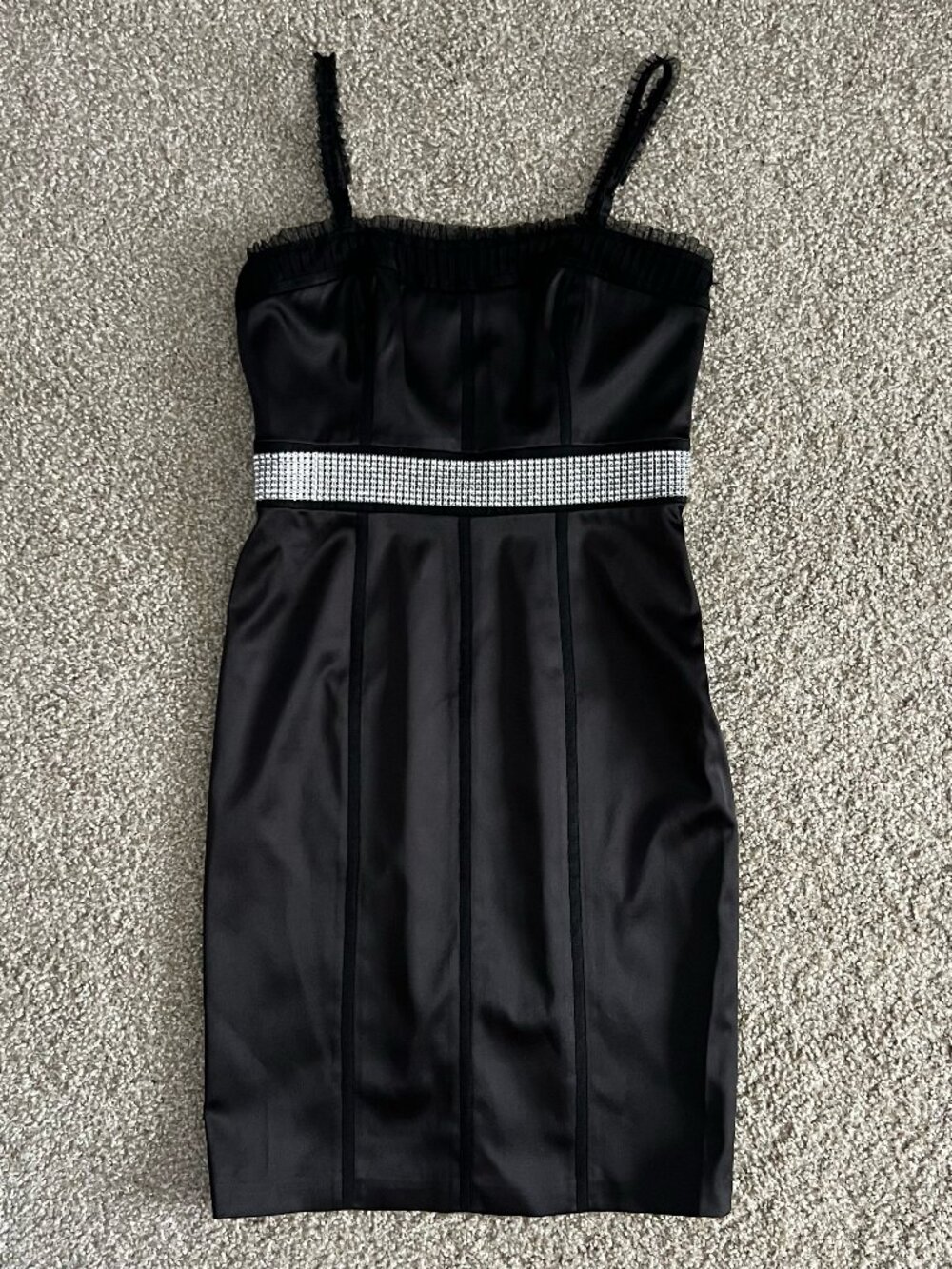 Black Satin Ruffle Trim Cocktail Dress Sheath LBD White House Black Market Sz 4